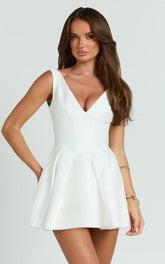 Plunge Corset Front V Waist Fit And Flare Dress in White