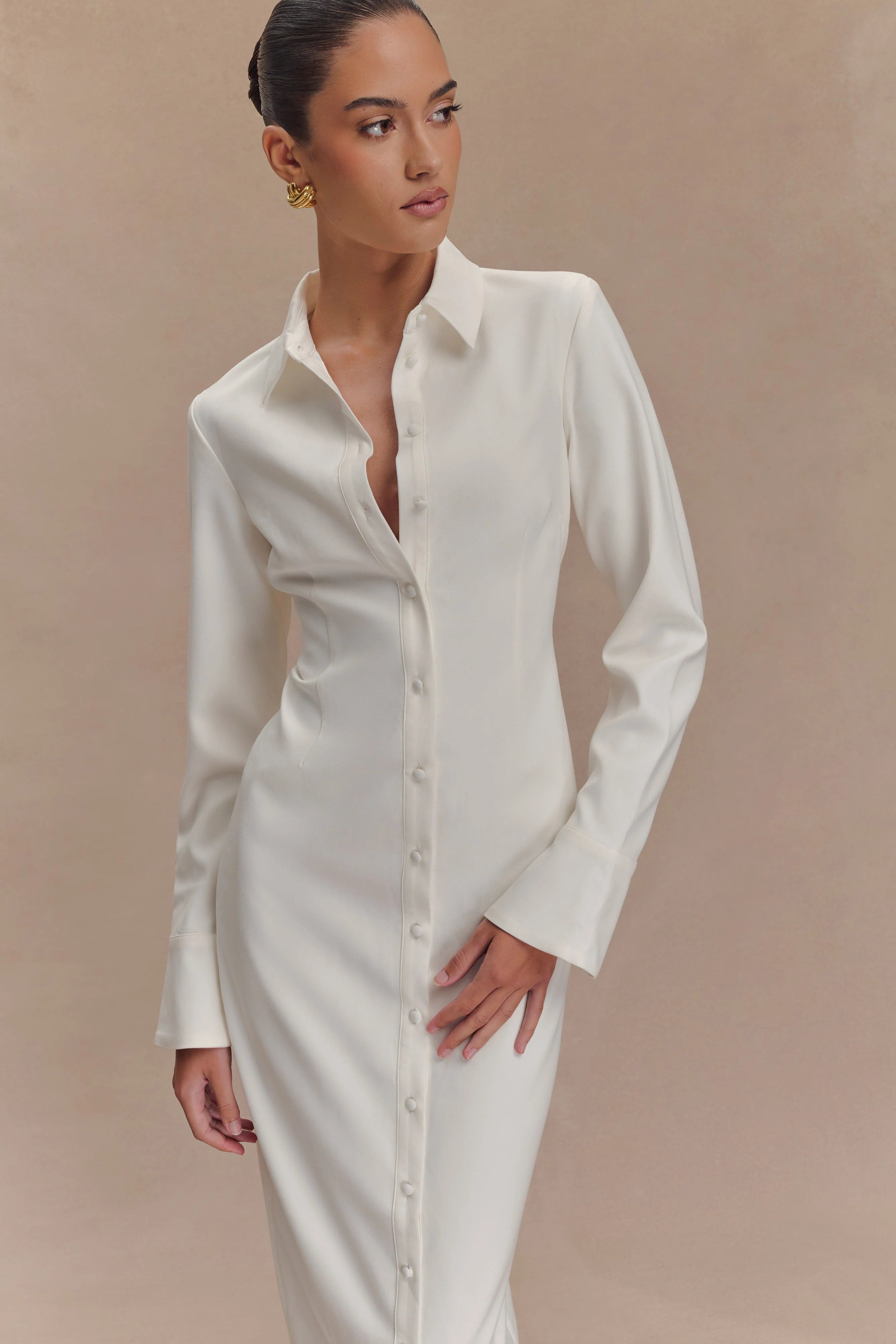 Dorian Fitted Shirt Midi Dress - White